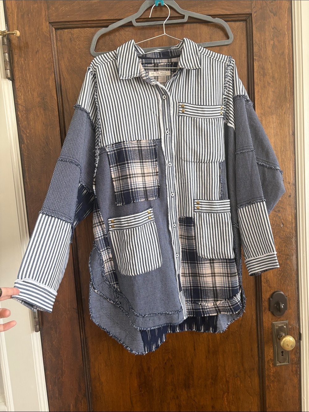 We The Free Blue & White Patchwork Button Down Shirt